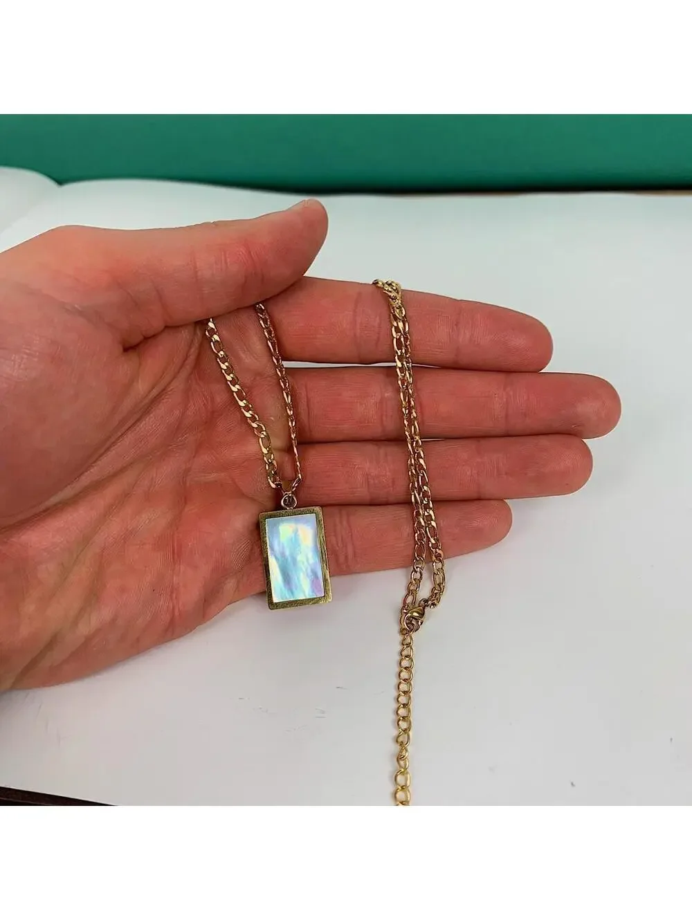 Stainless steel y2k 2000s style Big Square Opal Pendant Gold necklace